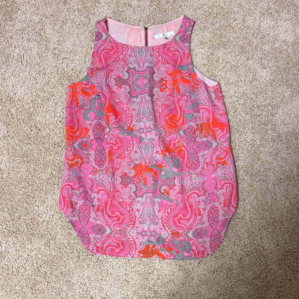CAbi Pink Paisley Sleeveless Shell with Orange Accents